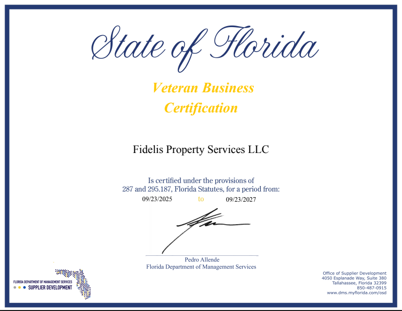 Fidelis Property Services Veteran-Owned Business Certification Tampa Bay